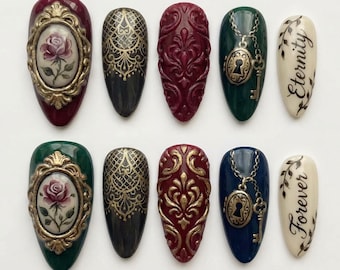 Baroque Press On Nails: Victorian Cameo, Rose, Lock Key Designs