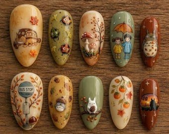 Handmade Autumn Totoro Press On Nails, 3D Gel Cat Bus and Forest Spirits Fake Art, Ghibli Theme Manicure
