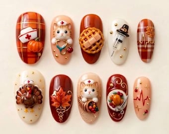 Handmade Nurse Cat Autumn Press On Nails, 3D Gel Stethoscope and Turkey Fake Art, Medical Thanksgiving Theme Manicure