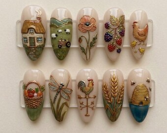 Handmade Vintage Countryside Farm Press On Nails, 3D Cottage Wheat Berry Beehive Art, Fake Nails