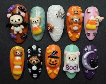 Handmade Bear Halloween Press On Nails, 3D Candy Corn Ghost Bat Art, Orange Kawaii Fake Nails