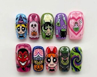 Handmade Powerpuff Girls Halloween Press On Nails, 3D Gel Blossom, Cartoon Spooky Theme Manicure