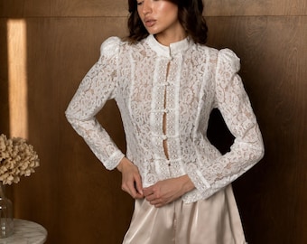 Blusa blanca de encaje, top vintage de manga larga para mujer, camisa elegante transparente, blusa de cuello alto para la oficina.