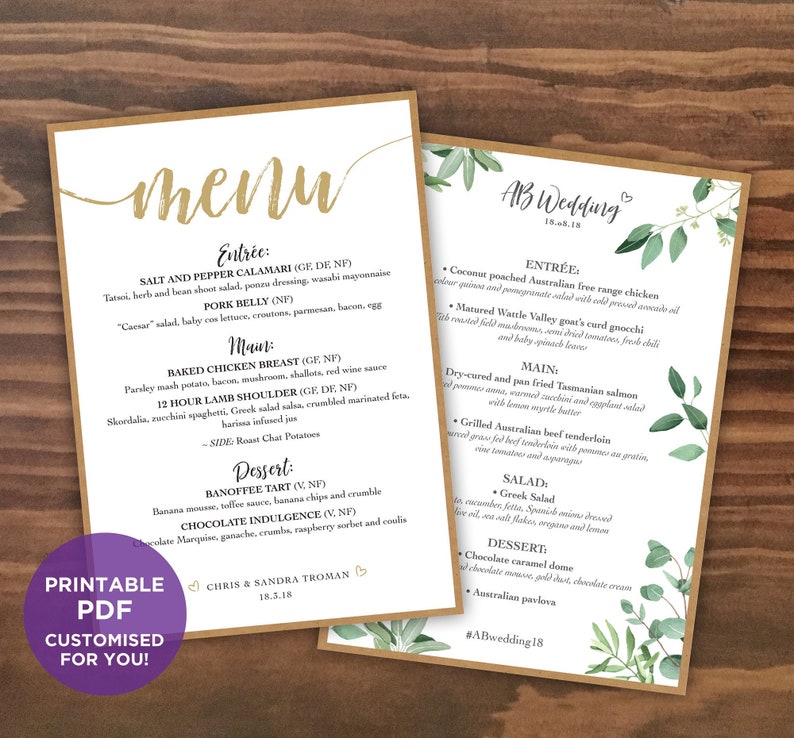 Kraft gold print your own Leafy PRINTABLE Wedding Menu PDF \u2013 Rustic Greenery digital Black A5 size elegant White