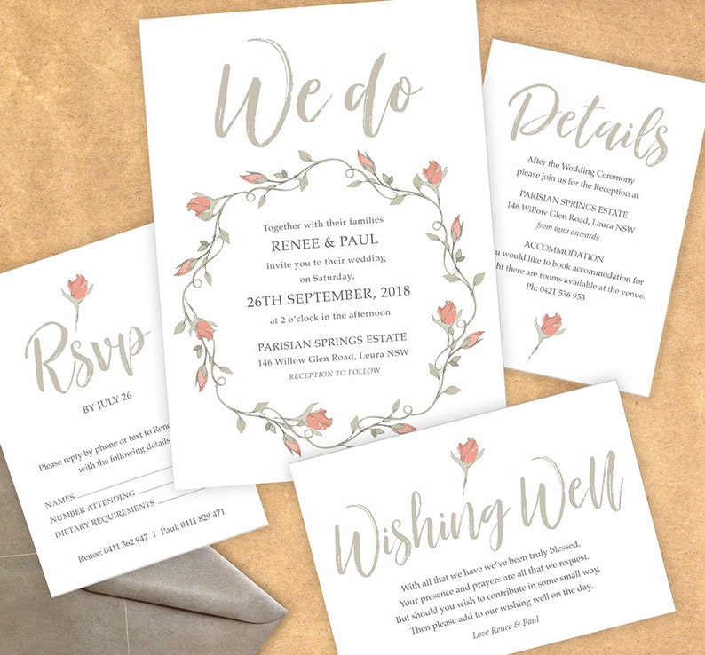 digital pale pink Print Ready PDFs PRINTABLE Boho Rose Wedding Invitation PDFs floral Customised Design greenery fairytale grey