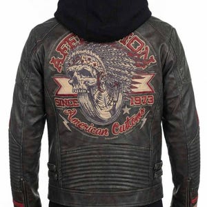 Hooded Embroidered Skull Leather Jacket Men, Vintage Biker Motorcycle Coat, Indian Chief Back Patchwork, Cyberpunk Streetwear | Velcrix