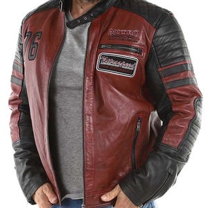 Retro Racing Leather Jacket Men, Vintage Motorcycle Biker Coat, Embroidered Patchwork Streetwear, Multi Color Custom Gift | Velcrix