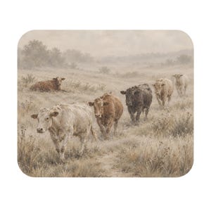 Könnte beinhalten: Ein rechteckiger Wandkunstdruck, der eine ländliche Landschaft mit einer Rinderherde auf einer Weide zeigt. Die Szene stellt mehrere Kühe in Weiß-, Braun- und Schwarztönen dar, die durch trockenes, hohes Gras unter einem bewölkten Himmel laufen.