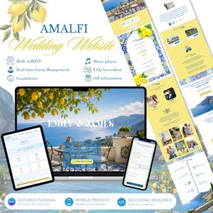 Peut inclure: Un modèle de site web de mariage Amalfi numérique affiché sur un ordinateur portable, une tablette et un smartphone. Le design présente des illustrations de citrons, des motifs de carreaux bleus et blancs et des images côtières. Le texte inclut AMALFI Wedding Website, Emily & James, et des fonctionnalités comme Built-in RSVP, Music player, Real-time Guest Management, FAQ Accordion, Countdown et Gift information.