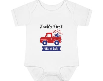 Personalized Red Truck 4th of July Infant Bodysuit | Custom Name Baby Onesie