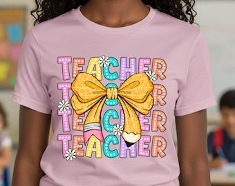 Teacher shirt with pencil bow, teacher shirts for women, cute teacher with bow tee, back to school top