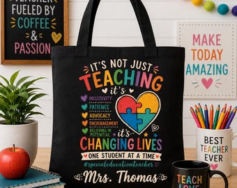 Borsa tote per insegnanti di sostegno con decorazione a cuore arcobaleno, personalizzabile con nome, borsa scolastica in tela, regalo per insegnanti di sostegno, nera.