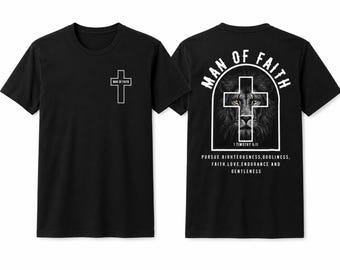Man of Faith lion cross T-Shirt | Christian faith tee, 2 Timothy 6:11 design