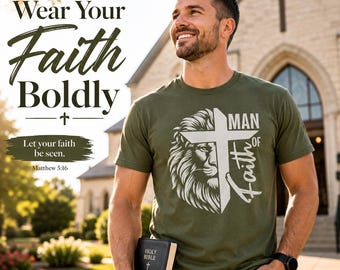Man of Faith Christian T-Shirt: Lion Cross Religious Apparel for Men