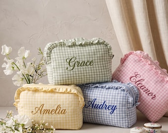 Gepersonaliseerd babytasje met ruches voor meisjes, luiertas met ruitjespatroon en eigen naam, cadeaumand voor nieuwe moeders, toilettas voor in het ziekenhuis
