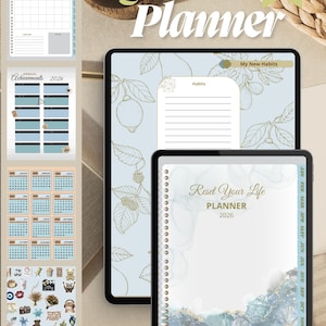 May include: A digital planner for 2026 with 20 pages, featuring a light blue cover with gold leaf illustrations and a marble-effect base. The planner includes monthly calendars, habit trackers, and annual achievement pages, all displayed on tablet screens.