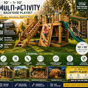 May include: A wooden multi-activity backyard playset measuring 10 feet by 10 feet, featuring a staircase, rock climbing wall, green slide, monkey bars, swing, gym rings, rope ladder, belt swing, and an under-deck sandbox for children aged 3-10.