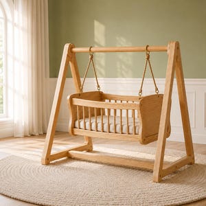 Op de afbeelding: Een wieg van lichtgekleurd hout die aan een bijpassend A-vormig frame hangt met twee dikke, gedraaide touwen. De wieg is voorzien van verticale spijlen aan alle kanten en bevat een plat, lichtgekleurd matrasje in het rechthoekige houten frame.