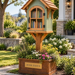 Peut inclure: Une boîte à livres extérieure en bois avec un cadre vert, un toit en bardeaux et une porte vitrée. La base est un bac à fleurs rectangulaire avec une plaque dorée portant l'inscription BOOK HAVEN, rempli de fleurs et de feuillage.