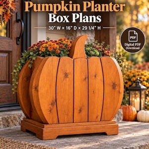 May include: A digital PDF download for DIY wooden pumpkin planter box plans. The text reads DIY Wooden Pumpkin Planter Box Plans 76.2 cm W x 40.6 cm D x 74.3 cm H. The image shows a pumpkin-shaped wooden planter box filled with orange and yellow flowers.