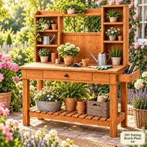 Pode incluir: Uma bancada de jardinagem de madeira com uma gaveta central, uma prateleira inferior de ripas e unidades de prateleiras superiores. A bancada contém várias plantas em vasos, um regador de metal, uma caixa de madeira e ferramentas de jardim.