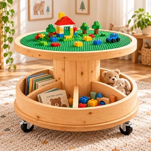 May include: A round wooden activity table on wheels featuring a green building block base plate on top. The lower level includes divided storage compartments containing books, colorful plastic building blocks, and two plush stuffed animals.
