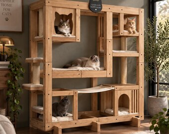 Wooden Cat Activity Tower Plans, Indoor Climbing Wall with Hammock, Beds & Hideaway PDF