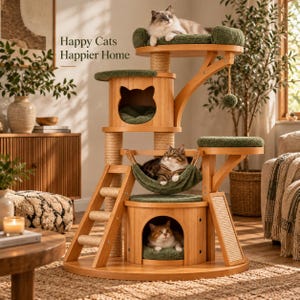 Può includere: Un tiragraffi in legno a più livelli con finitura in legno chiaro, cuscini in peluche verdi e pali tiragraffi rivestiti in sisal. La struttura include una scaletta, un'amaca, un'apertura a forma di gatto e una cuccia. Testo: Happy Cats Happier Home.