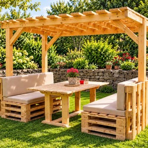 May include: A wooden pergola structure featuring two benches made from stacked pallets with beige cushions and a central wooden table. The outdoor furniture set is constructed from light-colored timber and is positioned on a green lawn.