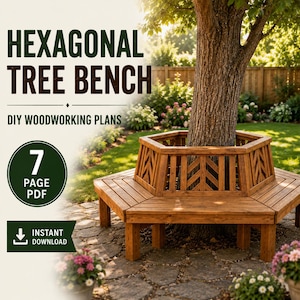 May include: A hexagonal wooden tree bench featuring a chevron-patterned backrest, presented as a 7-page PDF DIY woodworking plan. The text reads: HEXAGONAL TREE BENCH, DIY WOODWORKING PLANS, 7 PAGE PDF, INSTANT DOWNLOAD.
