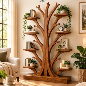 Pode incluir: Uma estante de madeira castanha em forma de árvore com vários ramos que servem de prateleiras. A unidade apresenta o texto MAKE A STATEMENT IN ANY ROOM e Perfect for books, decor, and plants no topo, com vários artigos expostos.