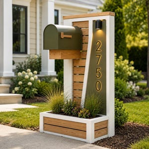 May include: A freestanding mailbox post featuring a dark olive green metal mailbox, a natural wood slat panel, and a white frame. The structure includes a planter box at the base and a vertical panel displaying the house number 2750 with lighting.