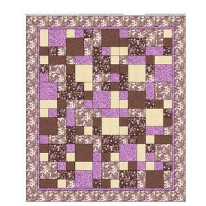 以下が含まれることがあります： EDIÉBARB DESIGNSによる「TAKE FIVE TECHNIQUE SIX DIFFERENT QUILT SIZES」というタイトルのキルトパターン。このキルトは、紫、茶色、クリーム色の正方形のパッチワークデザインで、花柄や水玉模様が含まれており、花柄の縁取りが施されています。