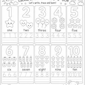 Peut inclure: Feuille de travail éducative en noir et blanc intitulée "Learn Numbers 1-10!" avec des illustrations de chiffres, d'objets et de lignes de traçage. Comprend les mots "Let's write, trace and learn!" et "Practice, learn and have fun every day!"