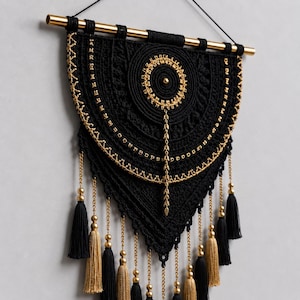 Luxury Black Gold Macrame Wall Hanging Pattern, Boho Crochet Wall Decor PDF, Modern Mandala Fiber Art, Tassel Wall Hanging