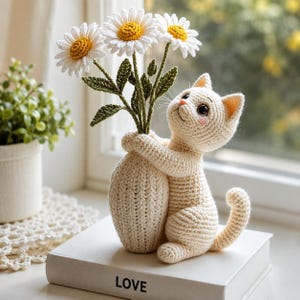 Pode incluir: Uma estatueta de gato em crochê cor de creme abraçando um vaso texturizado preenchido com três margaridas de crochê brancas e amarelas. O gato tem olhos escuros e bochechas rosadas, posicionado sobre um livro branco com a palavra LOVE.