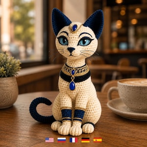 May include: A crocheted cat figurine featuring cream-coloured yarn, dark blue ears, tail, and leg accents. The cat wears a gold-toned collar with a blue teardrop pendant and a matching blue gem on its forehead. It has large, light blue eyes.