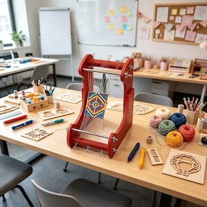 May include: A red wooden bead loom stands on a light wood table, holding a partially woven square pattern with geometric shapes in blue, yellow, red, and green. Nearby are several balls of colorful yarn, wooden templates, and various craft tools.