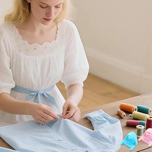 Könnte beinhalten: Ein hellblaues Hemd mit Knopfleiste, bei dem ein weißer Faden durch einen Knopf gezogen wird, begleitet von einer Sammlung bunter Nähgarnrollen und zwei hellblauen und rosafarbenen Kunststoff-Nähwerkzeugen mit 3mm-Beschriftung.
