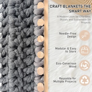 May include: A wooden loom frame with light-colored pegs holding thick, dark gray yarn loops. Text reads: CRAFT BLANKETS THE SMART WAY, A Modern Loom for Effortless, Stylish, and Sustainable DIY Projects, Needle-Free Design, Modular & Easy to Store, Eco-Conscious Wood, Reusable for Multiple Projects.