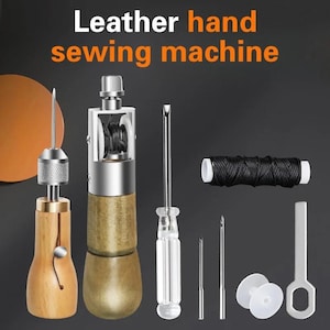 May include: A leather hand sewing machine kit featuring two awl tools with wooden handles, a screwdriver with a clear handle, a spool of black thread, two needles, two white plastic bobbins, and a metal wrench, with text reading Leather hand sewing machine.