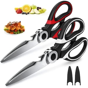 May include: Two pairs of kitchen shears with stainless steel blades, featuring serrated edges and integrated bottle openers. The handles are black with red or white accents, and the set includes two black protective blade covers for storage.