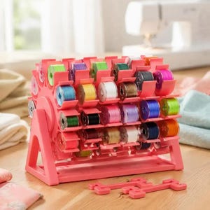 May include: A pink plastic sewing thread organizer rack featuring a rotating wheel design with multiple slots holding various colored thread spools. The stand includes a stable base and two separate pink plastic connector pieces lying in front.