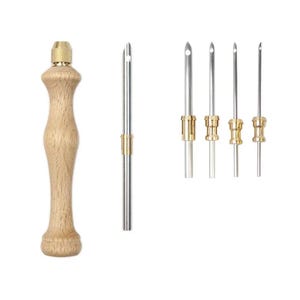 May include: A punch needle tool set featuring a light-colored wooden handle with a brass-colored metal top, one long metal needle attachment, and four additional interchangeable metal needle tips of varying thicknesses with brass-colored collars.
