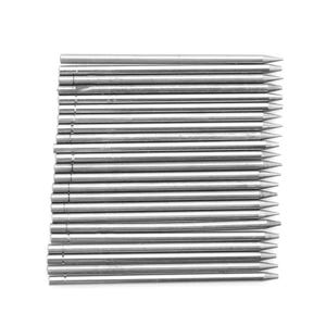 May include: A collection of twenty-two identical silver-coloured metal rods arranged in a parallel stack. Each rod features a smooth, cylindrical body that tapers to a sharp, pointed tip at one end, while the opposite end remains flat and blunt.
