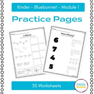 May include: Two educational practice pages for kindergarten titled Kinder - Bluebonnet - Module 1 Practice Pages. The worksheets feature black and white line art including insects, fruits, and numbers for counting exercises, with a total of 35 worksheets.