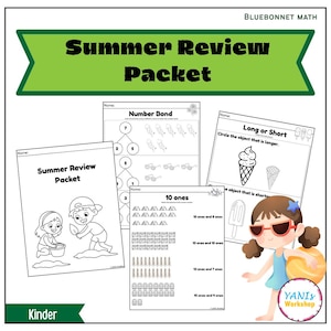 May include: A Summer Review Packet math workbook for kindergarteners featuring black and white worksheets with number bonds, length comparisons, and counting exercises. The cover shows children playing in sand, and a cartoon character is included.