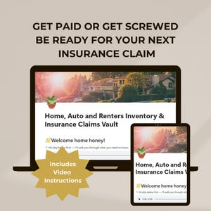 May include: A laptop and tablet displaying a digital Home, Auto and Renters Inventory & Insurance Claims Vault. The screen shows a house image, text, and a welcome message. A gold starburst graphic reads Includes Video Instructions.