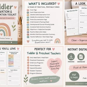 Puede incluir: Un kit de herramientas digital para maestros de preescolar y niños pequeños con 12 páginas imprimibles para observación y documentación. El conjunto incluye formularios como notas rápidas, rastreadores semanales y hojas de interés.