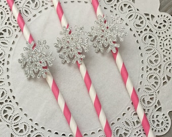 Snowflake straws, winter wonderland party decor, snowflake pink and white paper straws, silver snowflakes, winter ONEderland birthday, 12 Ct